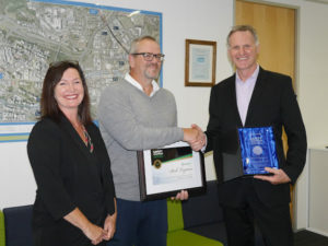Rail industry safety expert Robertt Lupton receives the inaugural TrackSAFE NZ Safety Leadership Award from the Chairman of TrackSAFE NZ Peter Reidy